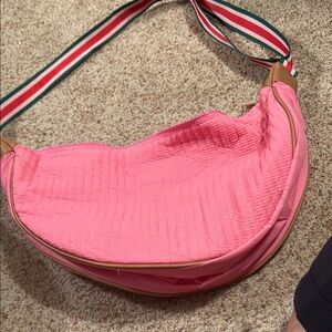 Pink Quilted Hobo Bag with Striped Strap